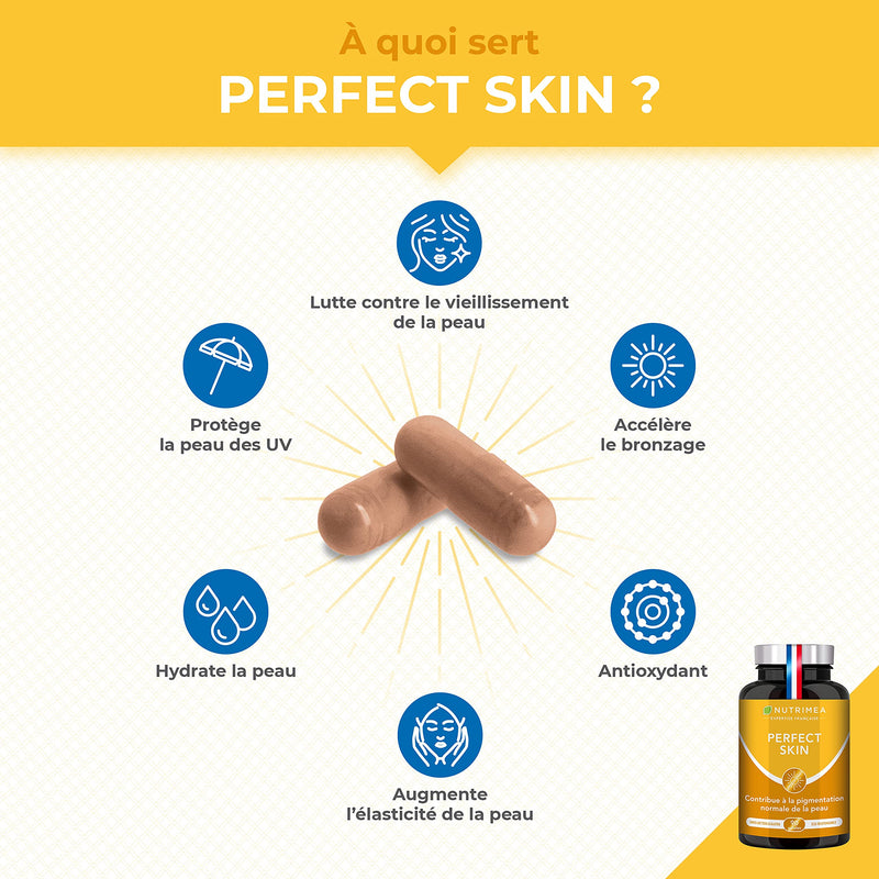 Perfect Skin Capsules - Beta Carotene, Lycopene, Copper and Vitamin E Formula - 60 Vegan Capsules - Gluten Free & GMO-Free - French Expertise - Nutrimea Perfect Skin Support