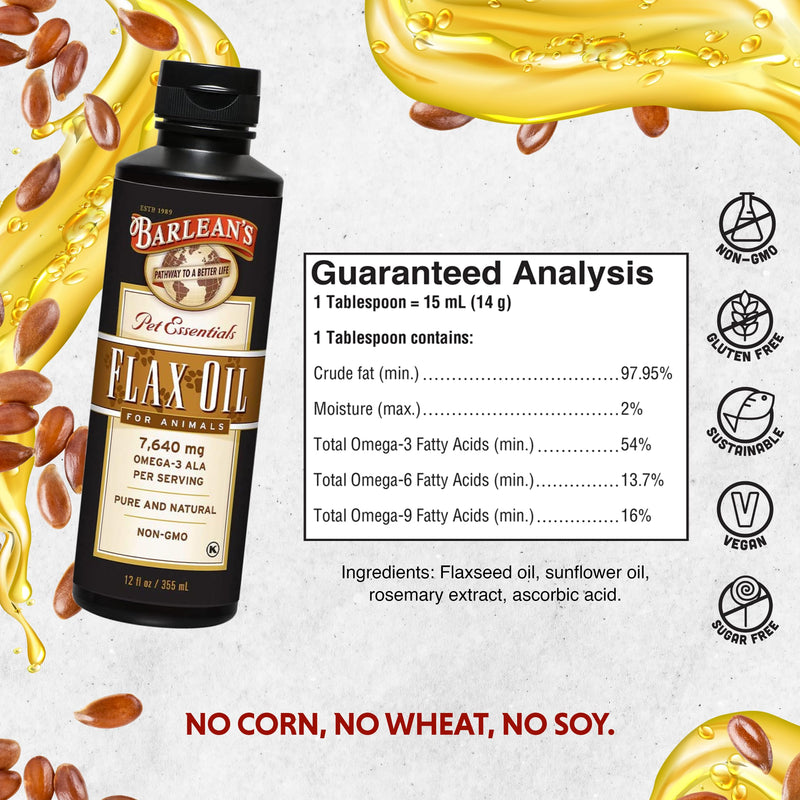 [Australia] - Barlean's Flaxseed Oil for Animals, Pet Essential Liquid Omega 3 Fatty Acids Cat and Dog Oil Supplements for Skin and Coat, Omega 3 for Dogs, Cats and Other Pets, 12 oz 