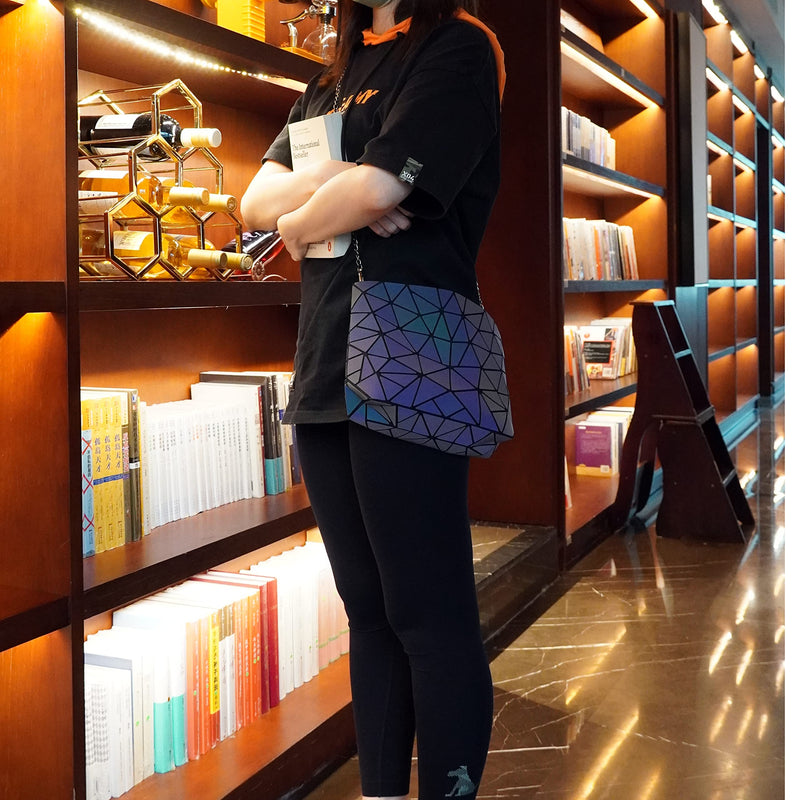 Geometric Purse for Women,Geometric Luminous Crossbody Bags (Large) and Holographic Clutch Set-3a