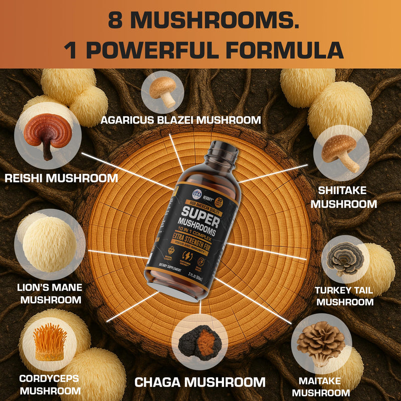 [Australia] - Mushroom Supplement - Lions Mane Reishi Cordyceps Chaga Turkey Tail Inulin & More Mushrooms For Immune Support, Energy - Premium Nootropic Brain Supplements For Memory And Focus - Made in USA 2 FL Oz 