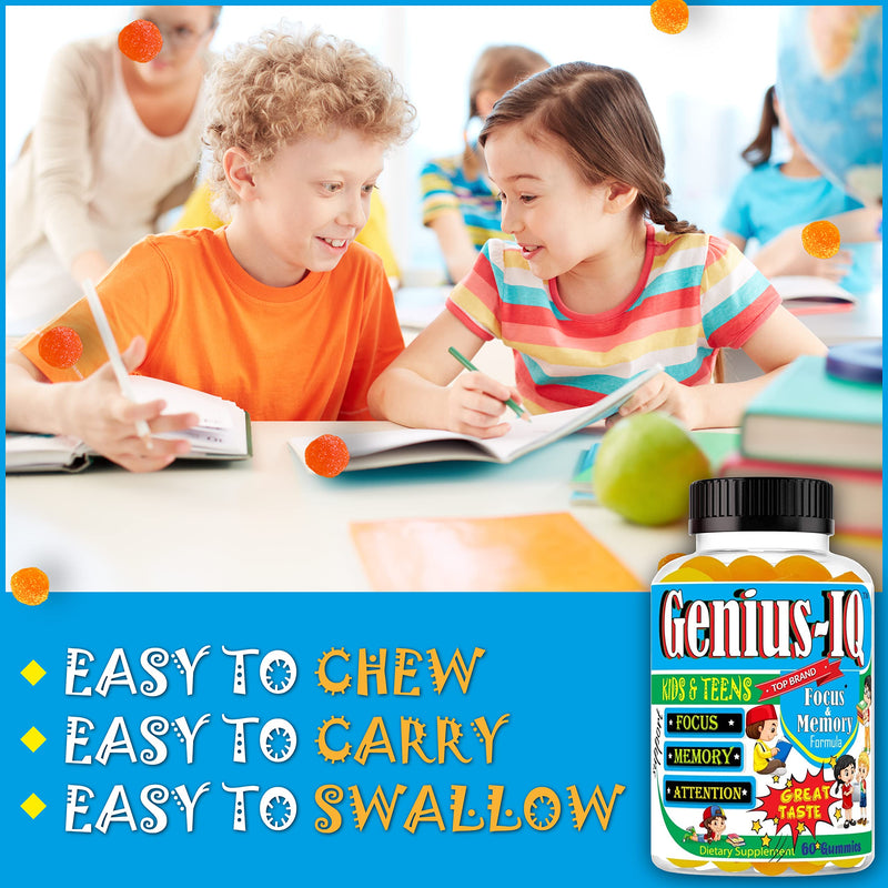 Genius IQ Kids Brain Supplements for Memory and Focus Omega 3-6-9, EPA DHA Gummy Vitamins, Brain Booster Calm Gummies,Supports Concentration, Clarity, Attention and Mood 60 Gummies