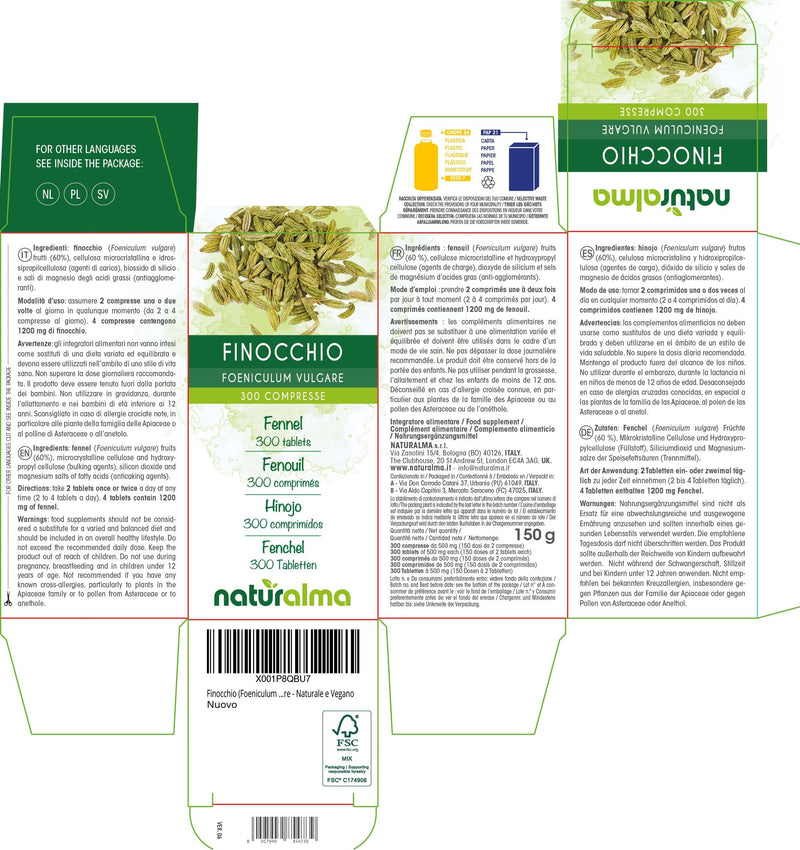 Fennel (Foeniculum vulgare) Fruits Naturalma - 150 g - 300 Tablets - Food Supplement - Natural and Vegan
