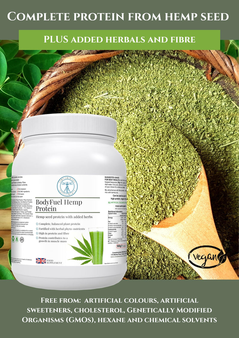BodyFuel Hemp Protein Powder Plus 14 Superfoods & Phytonutrients – Spirulina, Chlorella, Acai Berry, Alfalfa - Non-GMO Vegan Plant Protein Powder 500g