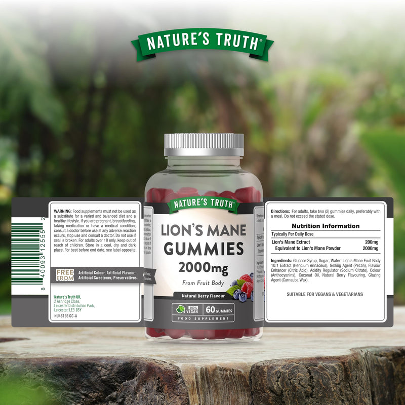Lion's Mane Gummies | 2000mg High Strength Lion's Mane Supplement | 60 Natural Berry Flavour Gummies - Vegan Mushroom Extract | By Nature's Truth