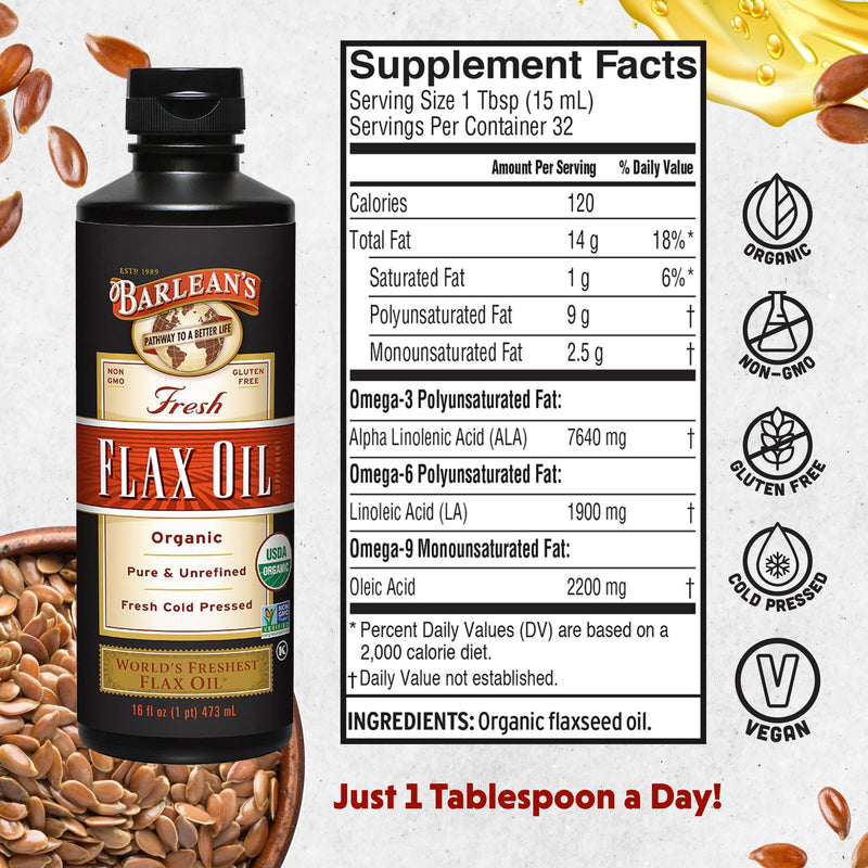 Barlean's Organic Flaxseed Oil, 7640mg ALA Omega-3, Cold-Pressed, 16oz | Fresh cold-pressed flax seeds, ALA omega 3-6-9, Vegan, Non-GMO, Gluten-free, Unrefined, Supports heart, skin & hair 16 Fl Oz (Pack of 1)