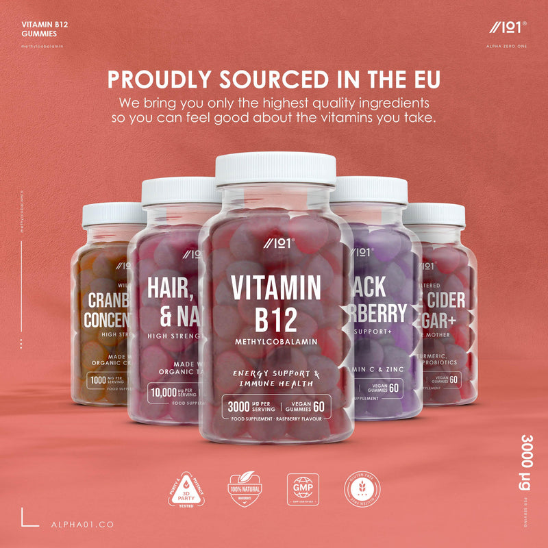 Vitamin B12 Gummies 1,500mcg (per Gummy) - High Strength Methylcobalamin Supplement - Raspberry Flavour - 60 Vegan Gummies by Alpha01 Jar