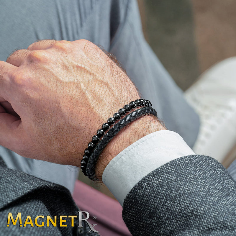[Australia] - MagnetRX¬Æ Hematite & Leather Magnetic Bracelet ‚Äì Max Strength Natural Stones ‚Äì Beaded Magnetic Hematite Bracelets (Medium) Medium (Pack of 1) Leather Black 