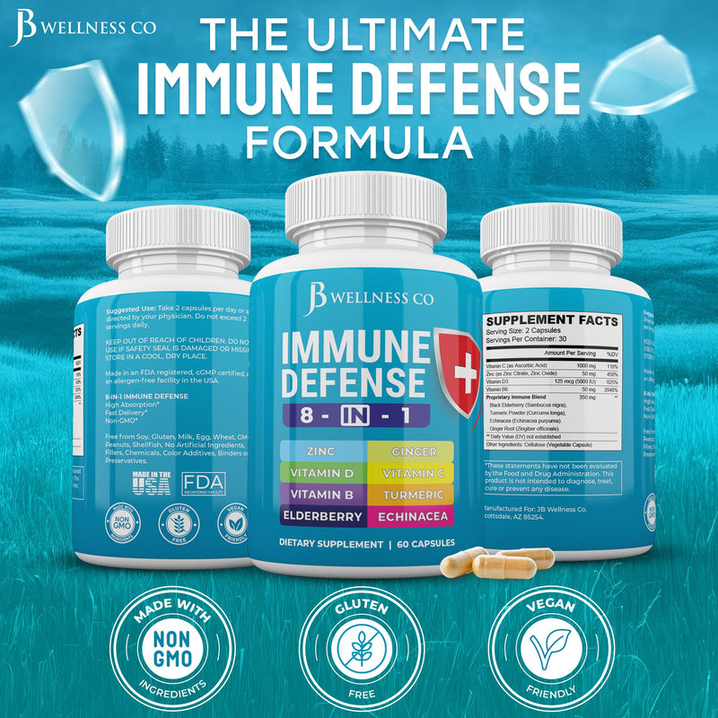 JB Wellness Co Immune Support 8 in 1 Capsules - Zinc Supplement, Vitamin D3, Vitamin C and Elderberry - Immune Booster Supplement with Echinacea, Ginger Root, and Turmeric 60 Capsules (Pack of 1)