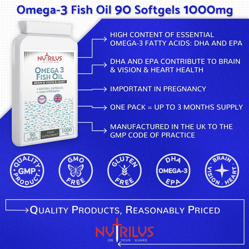 Omega-3 Fish Oil 90 Softgel Capsules 1000mg - High Strength Omega 3 - Brain & Vision & Heart Health - UK Made Supplement