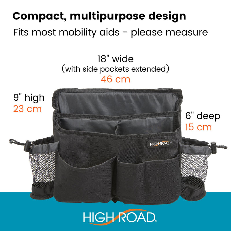 [Australia] - High Road Mobility Scooter Bag, Walker Caddy and Wheelchair Storage Bag - 8-Pocket Mobility Organizer with Bottle and Cup Holder for Wheelchairs, Walkers and Scooters Black 