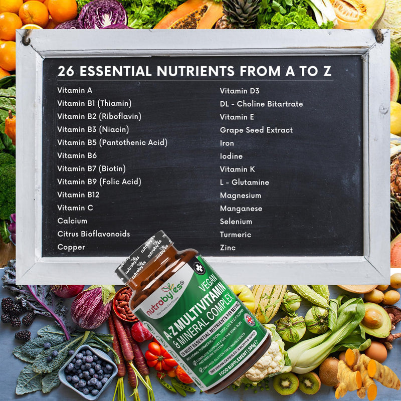 Nutrabytes Vegan A-Z Multivitamin & Mineral Complex, 360 Capsules | 26 Essential Vitamins & Minerals Plant Based Supplement with Turmeric, Iron, Folic Acid and Zinc | 6 Months | UK Made
