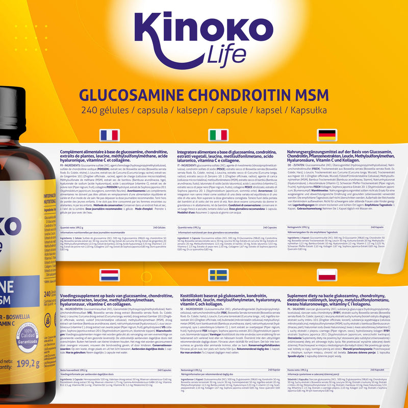 [Australia] - Kinoko life Glucosamine and Chondroitin - 240 capsules with MSM, marine collagen, hyaluronic acid, turmeric, black pepper, ginger, boswellia and quercetin. For joints, cartilage and bones 