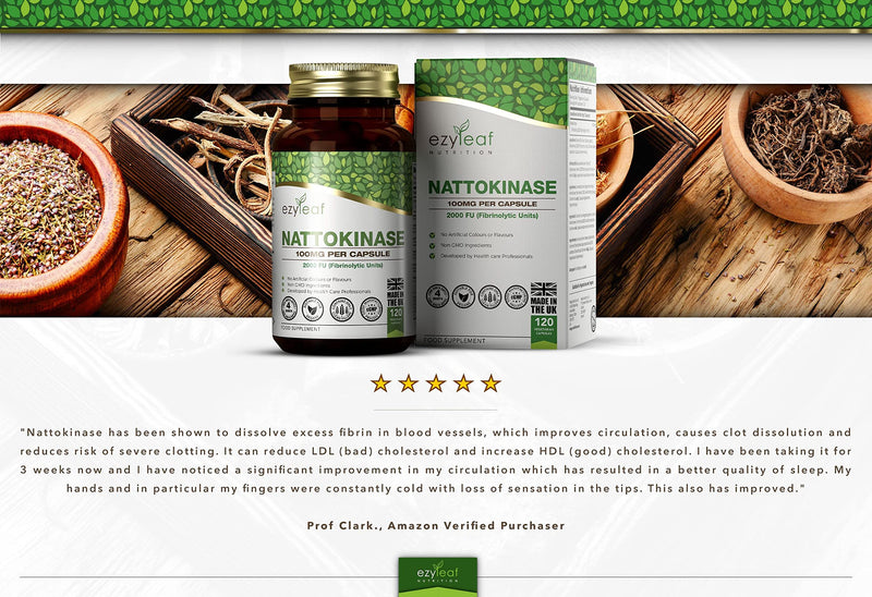 Ezyleaf Nattokinase 100mg 2000 FU | 120 Vegan Capsules | Protein Enzyme from Japanese Natto | No Artificial Ingredients | ISO Certified, Vegan, Dairy & Gluten Free, Non-GMO | Manufactured in The UK