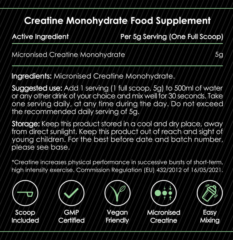 Gym Guru® Micronized Creatine Monohydrate Powder 500g - UK Made | Unflavoured Pure Creatine Monohydrate Powder, Easy Dissolve, Vegan Creatine 5g for Gym, Men & Women, 100 or 50 Servings