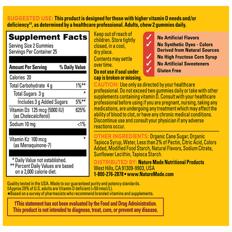 Nature Made Vitamin D3 K2 Gummies, 50 Gummy Vitamins | Vitamin D 5000 IU per Serving for Immune, Bone, Teeth and Muscle Health Support, Peach Flavor, 25 Day Supply 50 Count (Pack of 1)