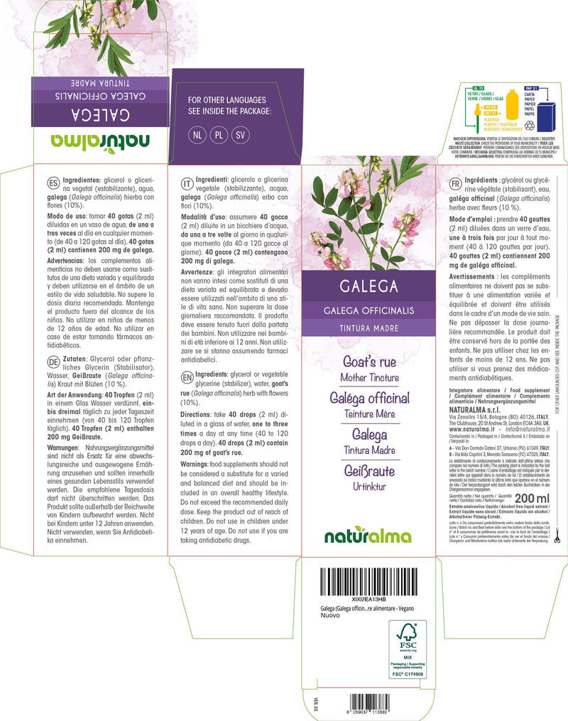 Goat's rue (Galega officinalis) herb with Flowers Alcohol-Free Mother Tincture Naturalma - Liquid Extract Drops 200 ml - Food Supplement - Vegan 200 ml (Pack of 1)