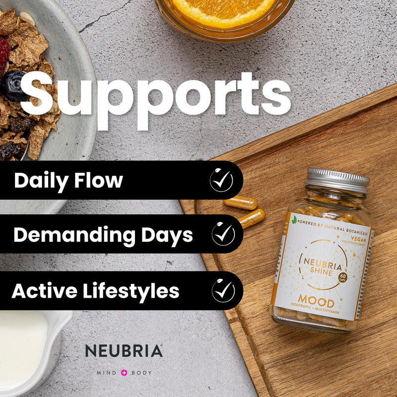 NEUBRIA Shine Mood Complex – Multivitamin for Adults with Ashwagandha, Rhodiola, Turmeric, Saffron, B Complex, Magnesium & Zinc - Potent Supplement for Daily Wellness – 60 Vegan Capsules Shine - Mood 60 Capsules 60 count (Pack of 1)