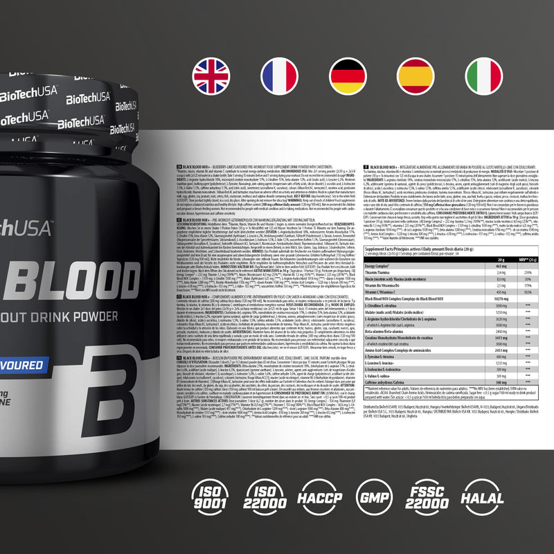 BioTechUSA Black Blood NOX+ | Pre-Workout Formula | with Caffeine, Creatine, Tyrosine | Sugar-Free | 340 g | Blueberry-Lime 330 g (Pack of 1)