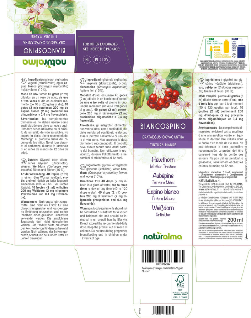 Hawthorn (Crataegus oxyacantha) Flowers and Leaves Alcohol-Free Mother Tincture Naturalma - Liquid Extract Drops 200 ml - Food Supplement - Vegan 200 ml (Pack of 1)
