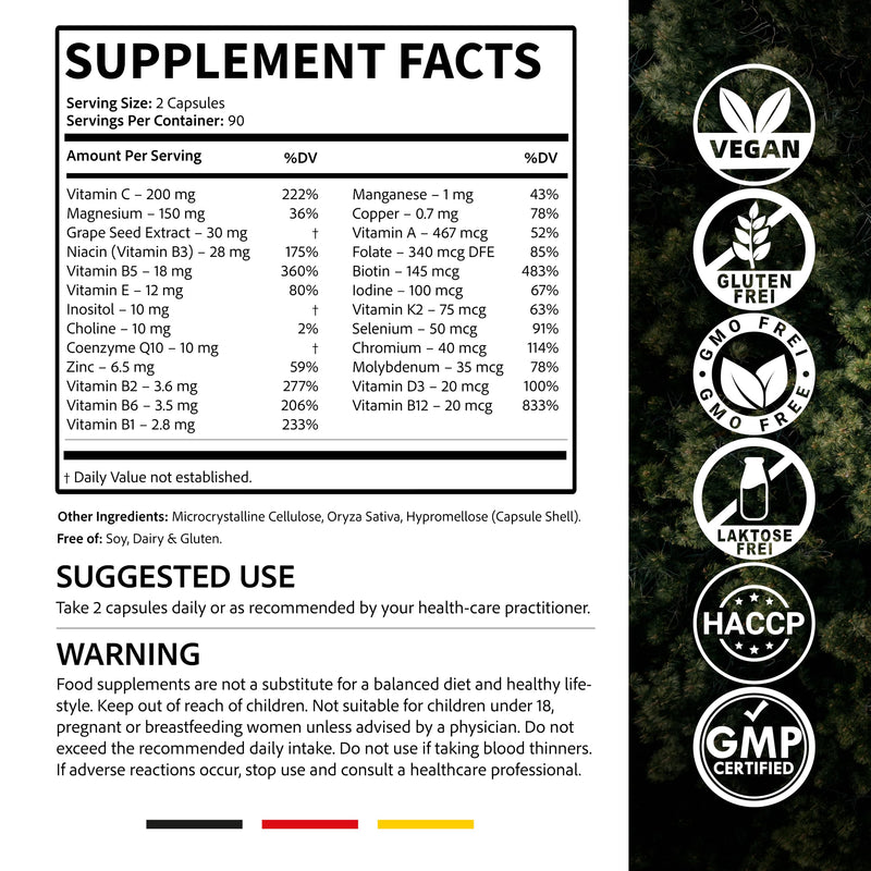 Premium Multivitamin – High-Dose A–Z Complex | 180 Vegan Capsules with Essential Vitamins & Minerals including Vitamin C, D3, B12, Zinc, Magnesium & OPC – Developed and Lab Tested in Germany