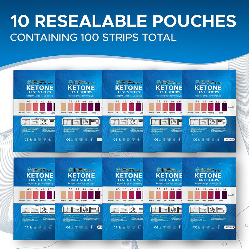 [Australia] - Ketone Test Strips, Premium Grade 100 Keto Test Strips in 10 Resealable Pouches - Urine Test Strips, Ketosis Test Strips Urine, Keto Strips, Ketone Urinalysis Test Strips, Ketones Test Kit 