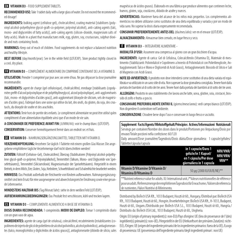 BioTechUSA Vitamin D3 Tablets | 2000 IU | for Strong Bones, Immunity & Muscle Function | Easy-to-Take Supplement | 120 Tablets White 120 count (Pack of 1)