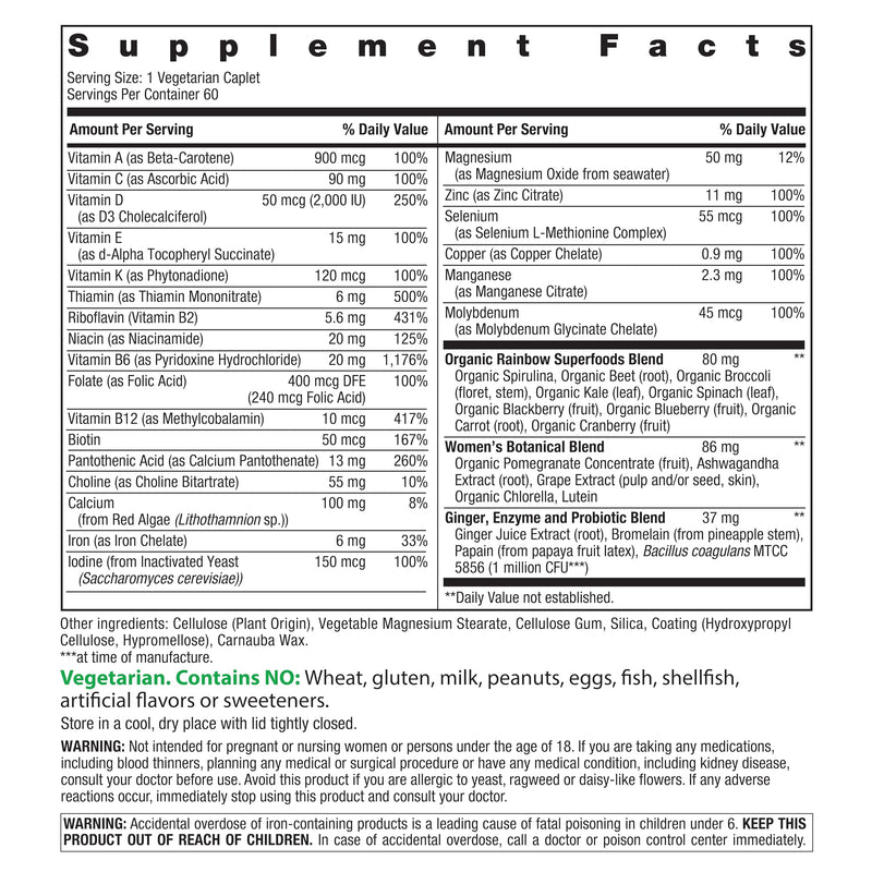 Rainbow Light Womens Multivitamin One + | 60 Caplets | Supports Energy & Antioxidant Health | Real Food Nutrients, Digestive Enzymes & Probiotics Women's One 60 Count (Pack of 1)