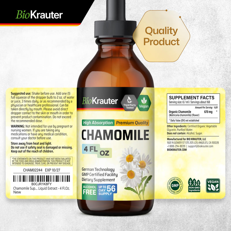 [Australia] - Chamomile Tincture - Organic Chamomile Extract - Contains Apigenin - Supplement for Sleep and Calmness Support - Alcohol and Sugar Free - Vegan Drops 4 Fl.Oz. 4 Fl Oz (Pack of 1) 
