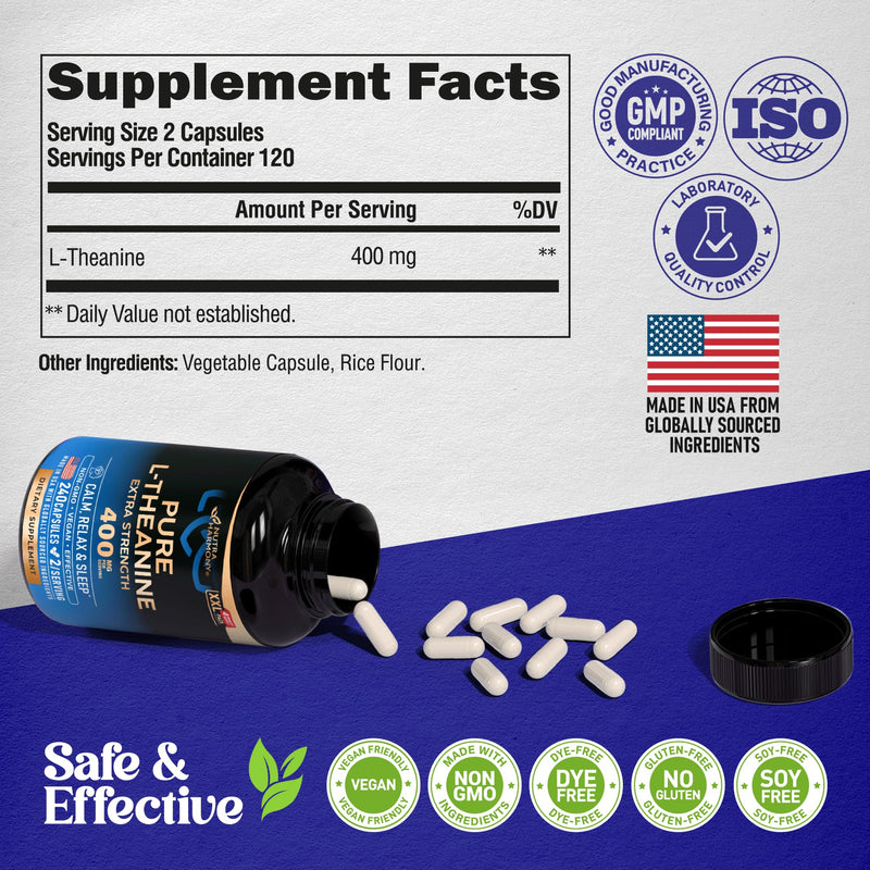 L-Theanine 400 mg - L Theanine for Stress Relief - Plant Based - 240 Caps | Extra Strength L Theanine Supplement for Men & Women - Relaxation, Sleep & Calm Support - Lab Tested, Vegan, Non-GMO 240 Count (Pack of 1)