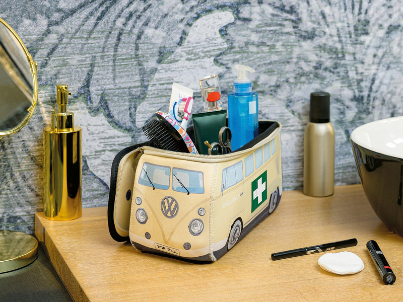 BRISA VW Collection - T1 Bus Camper Toiletry Bag Cosmetic Case | Volkswagen Toiletry Bag Cosmetic Case, Water-Repellent, Hanging Hook, 4 Mesh Pockets, Travel, Neoprene, Ambulance/Beige Large Large (11.8 X 5.5 X 4.7 Inches)