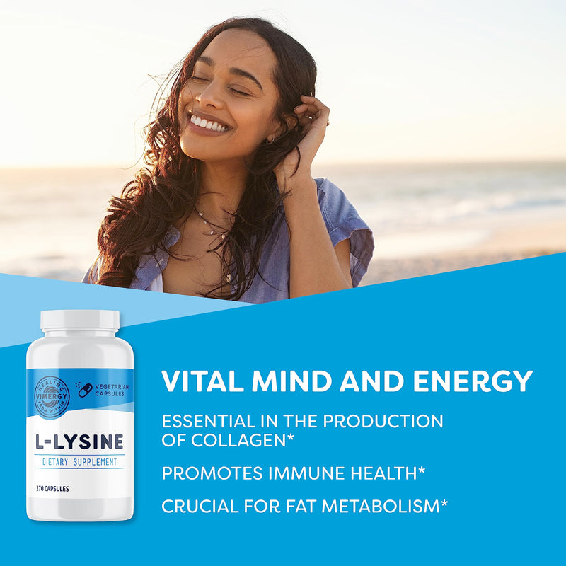 [Australia] - Vimergy L-Lysine 500MG Capsules, 270 Servings – Essential Amino Acid – Supports Immune System, Healthy Skin, Muscles, Bone & Tissue – Vegetarian, Non-GMO, No Gluten, Kosher (270 count) 270 Count (Pack of 1) 