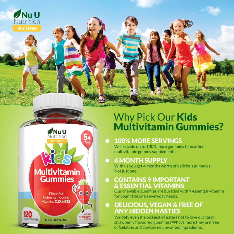 Nu U Nutrition - Multivitamin Gummies for Kids - 4 Month Suppply - 120 Vegan Berry Gummies - Strawberry Flavour - 9 Essential Vitamins Including Vitamin C, D & B12 - Made in the UK KIDS MULTIVITAMIN GUMMIES