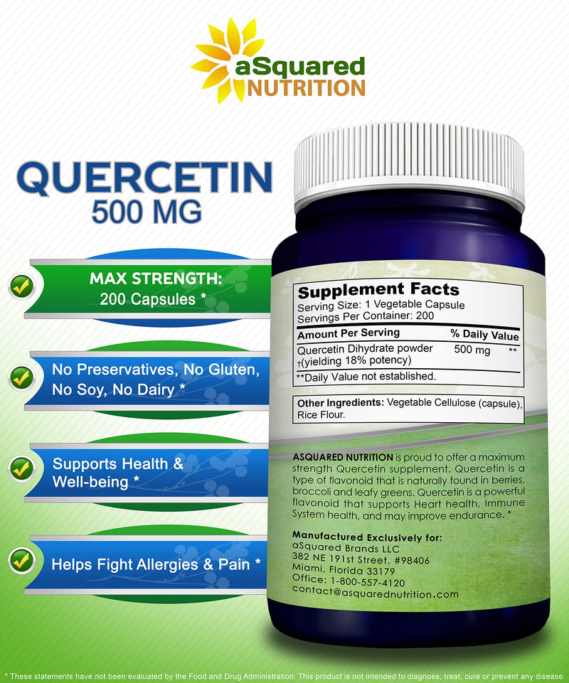 [Australia] - aSquared Nutrition Quercetin 500mg Supplement - 200 Capsules - Quercetin Dihydrate to Support Cardiovascular Health - Max Strength Powder Complex Pills to Help Improve Immune Response 