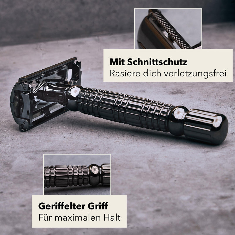 [Australia] - Störtebekker® Premium safety razor 'Hamburg' in a handmade leather case - *TESTS WINNER* Stiftung Warentest (12/2024) - Shaving set with 10 razor blades, travel case & built-in mirror - wet razor black - black 