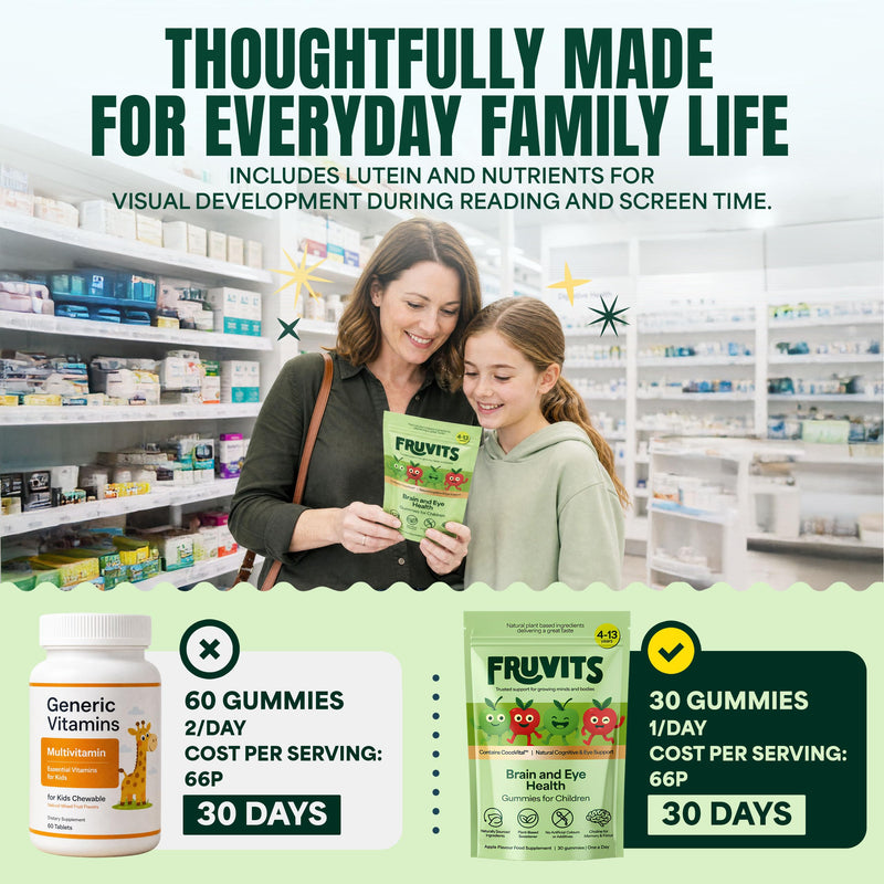 Kids Brain & Eye Health Gummies – 1‑a‑Day, Sugar‑Free, Vegan – Focus, Calm & Vision Support with Choline, Lutein & Saffron – Apple Flavour – 30‑Day Supply, Ages 4–13