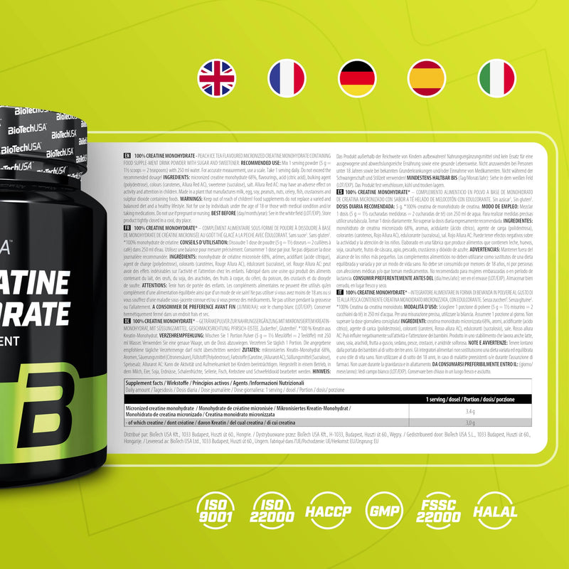 BioTechUSA 100% Creatine Monohydrate | Pharmaceutical-Grade Creatine | Micronized | Vegan | Glutenfree, 300 g, Peach Ice Tea