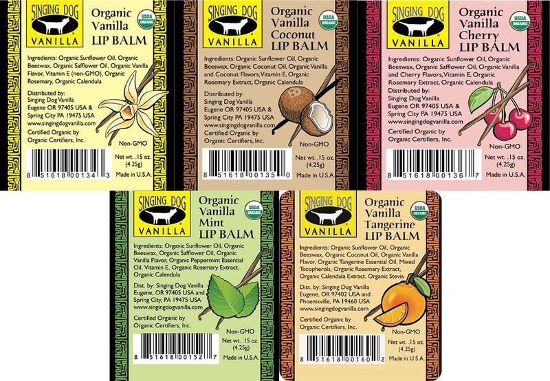 Singing Dog Vanilla USDA Organic Beeswax Lip Balm, 5-Flavor Variety Pack - Vanilla, Cherry, Coconut, Mint, Tangerine - Vitamin E, Grade A Vanilla, 0.15 oz each