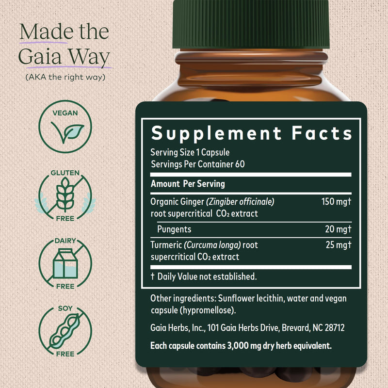 [Australia] - Gaia Herbs Ginger Supreme - Supports Healthy Digestion and Relieves Occasional Nausea - with Organic Ginger Root and Turmeric Root - 60 Vegan Liquid Phyto-Capsules (60-Day Supply) Standard Packaging 