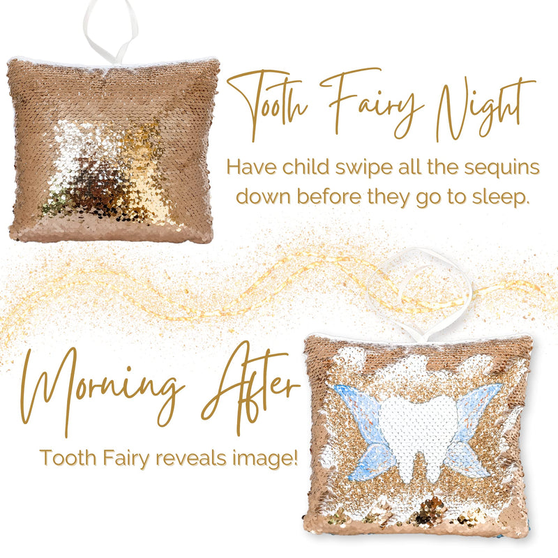 [Australia] - Tooth Fairy Pillow Kit for Girls and Boys - Tooth Fairy Evidence Kit with Tooth Fairy Bag - Multi Color Reversible Sequin and Large Pocket - Tooth Pillow with Letter & 2 Customizable Certificates Rose/Champagne 