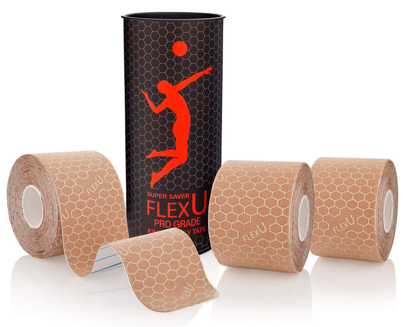 FlexU Kinesiology Tape - 60 2" x 10" Pre-Cut Strips for Lower Back, Knees, & Shoulders; Pain Relief & Support for Muscles & Joints, Shoulders, Knees & Back, Rheumatism, Gout, Osteoporosis (Beige) Beige