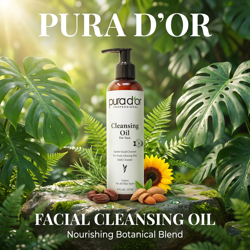 PURA D'OR Facial Cleansing Oil (8 Oz x2 = 16 Oz) Nourishing Botanical Blend with & Vitamin, Jojoba and Sunflower Oil - Gentle Makeup Remover & Deep Cleanser For Healthy, Glowing Skin - Paraben-Free 8 Fl Oz (Pack of 2)