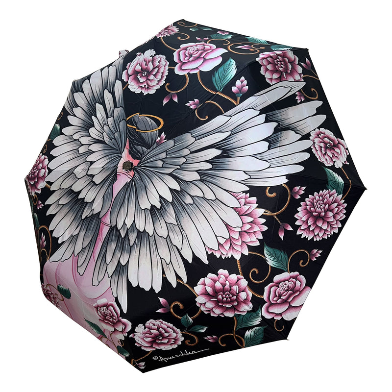 Anuschka Women’s Printed Umbrella – Foldable Umbrella with Automatic Open & Close Button - 3100 Guardian Angel Black