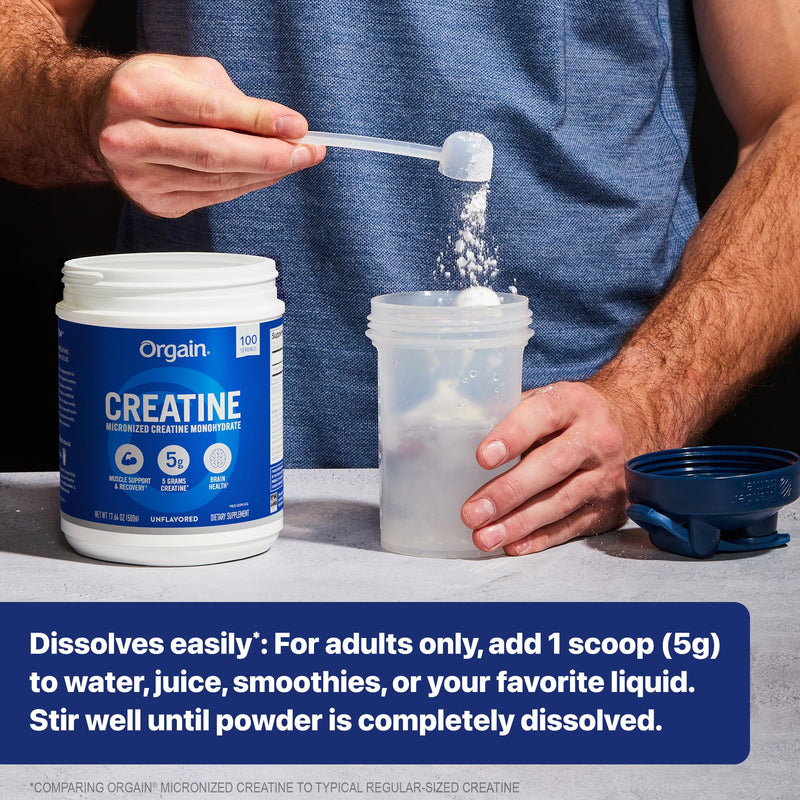 [Australia] - Orgain Creatine Monohydrate Micronized Powder, Unflavored, Supports Muscle Growth, Post Workout Recovery and Brain Health, No Artificial Additives, for Men & Women, Vegan, 100 Servings 