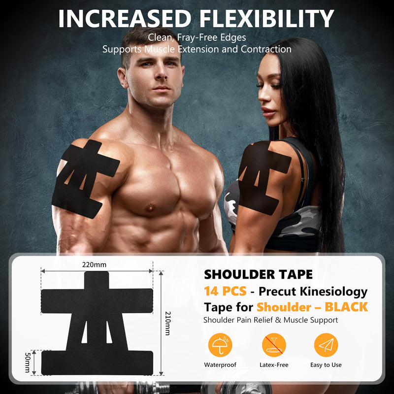 [Australia] - Precut Kinesiology Tape for Shoulder ‚Äì 14 PCS Elastic Shoulder Support Tape, Waterproof & Breathable, Hypoallergenic Sports Tape for Pain Relief, Black 14pcs 