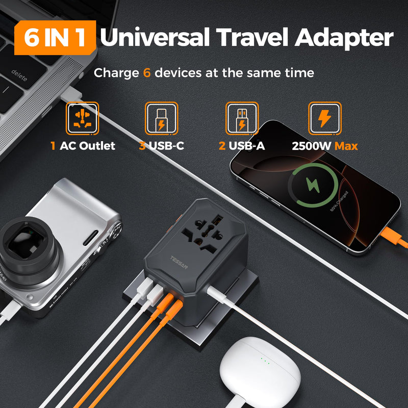 TESSAN Universal Travel Adapter, GaN 65W, Black | International Power Adapter, 5 USB Ports (3 USB C), Worldwide Plug Adaptor Cool black