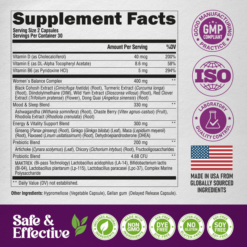 [Australia] - Menopause Supplements for Women - Dong Quai, Black Cohosh, Pre & Probiotics - Sweats & Hot Flashes Relief - Digestion, Sleep & Mood Support - 25-in-1 Perimenopause Complex - Made in USA - 60 Capsules 60 Count (Pack of 1) 