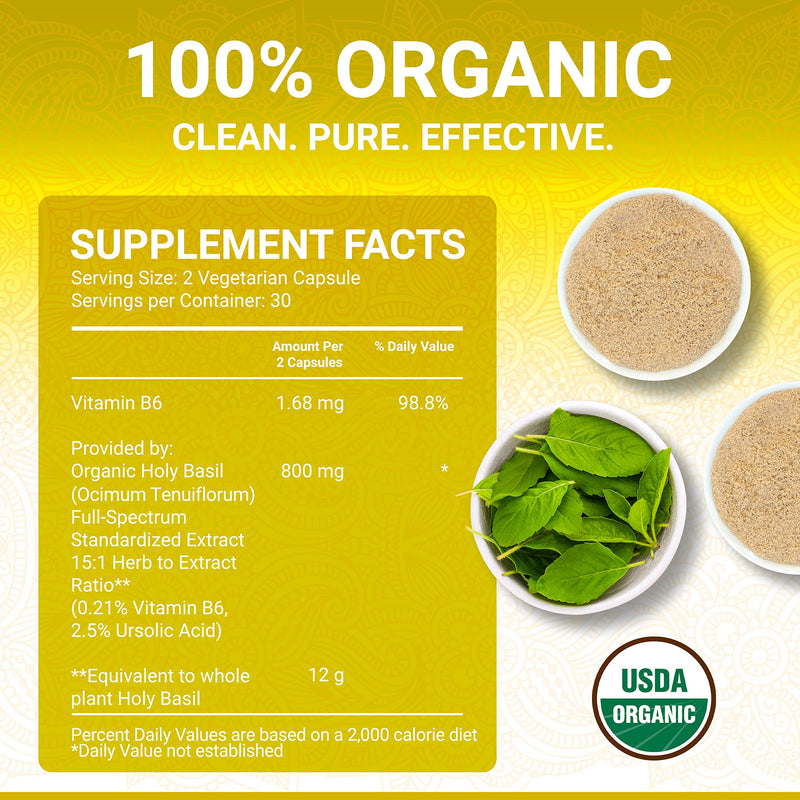 USDA Organic Holy Basil Supplement, 15:1 Tulsi, Vitamin B6, 60 Vegan Caps | USDA Certified Organic Supplements| Tulsi Holy Basil Plant Extract 15:1 |2.5% Ursolic Acid| Vitamin B6 |Ayurveda | True Veda 60 Count (Pack of 1)