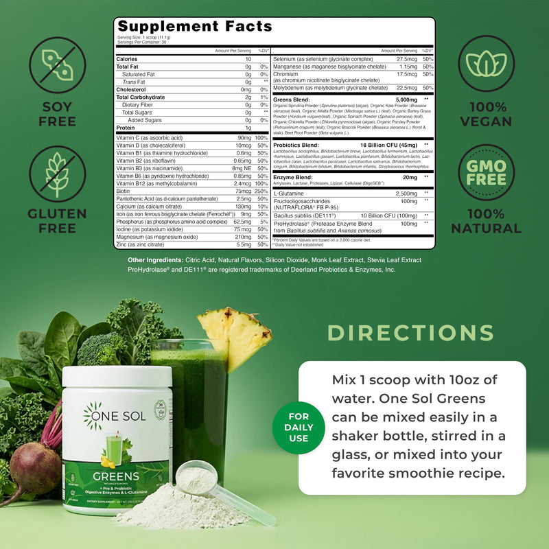 One Sol Super Greens Powder for Gut Health with Prebiotics & Probiotics | Organic greens and superfood blend with digestive enzymes for digestion and gut health support; vegan and soy-free.