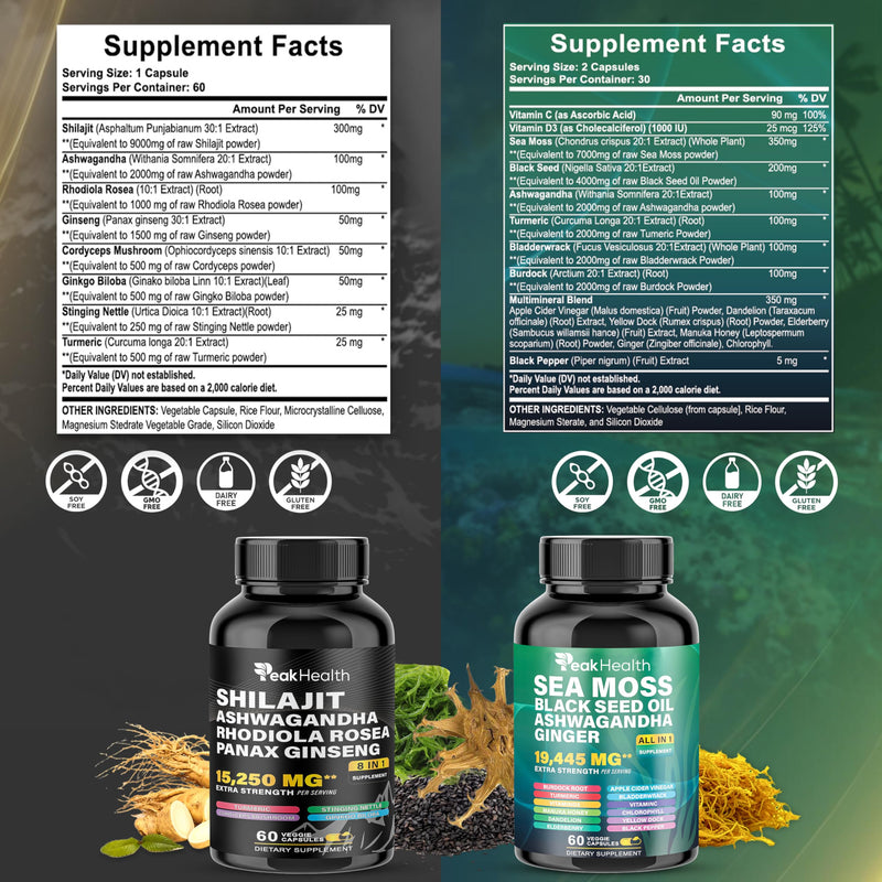 [Australia] - Shilajit Sea Moss Black Seed Oil Ashwagandha Capsules for Man Woman,2 Bottle Combo with Turmeric, Panax Ginseng, Rhodiola,19,445mg Herbal Formula,Energy & Immune Support, 60 Capsules,Easy to Swallow 60 Count (Pack of 2) 