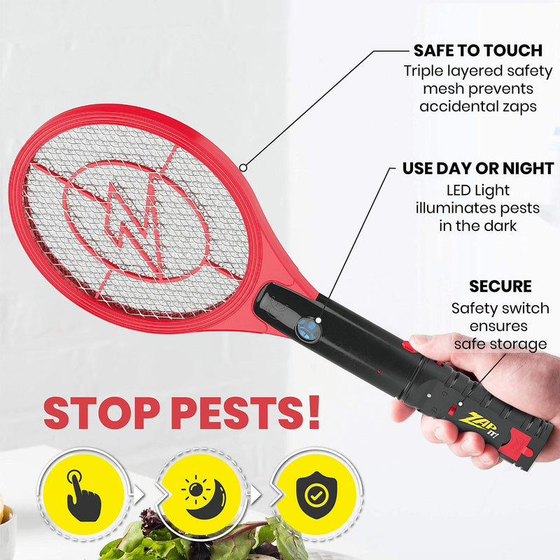 [Australia] - ZAP IT! Electric Bug Zapping Racket Mini - Rechargeable Bug Zapper Racket, 4,000 Volt Fly Swatter Electric Bug Zapper, USB Charging Cable - Red 
